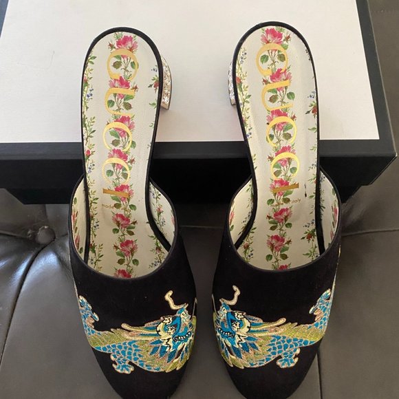 Gucci Crystal Embellished Embroidered Satin Mules - Womens - Green Multi - Picture 1 of 7